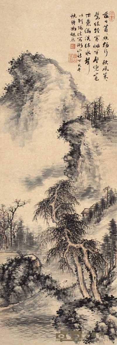 冯超然 丁亥（1947年）作 秋山云霭图 轴 102×34.5cm